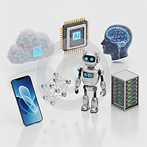 Artificial intelligence concept with robot, brain, cloud, chip, server, phone and network illustration