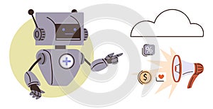 Artificial Intelligence Concept with Robot, Cloud Computing, and Digital Marketing Elements