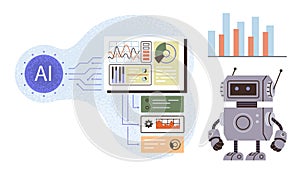 Artificial Intelligence Concept with Robot, Data Visualization, and Dashboard Analytics