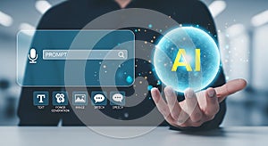 Artificial intelligence concept showcasing prompt generation and digital transformation progress