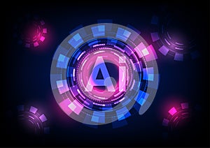 Artificial intelligence concept. Tech circle with Ai technology on blue background. Innovation and communication