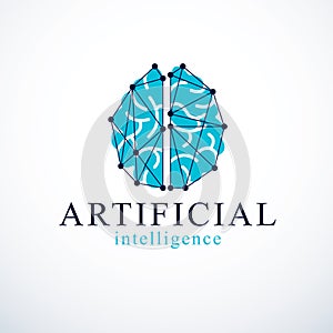 Artificial intelligence concept vector logo design. Human anatomical brain with electronics technology elements icon. Smart