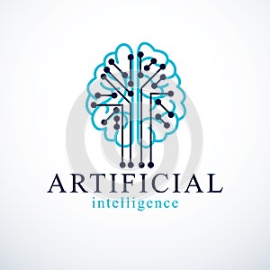 Artificial intelligence concept vector logo design. Human anatomical brain with electronics technology elements icon. Smart