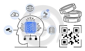 Artificial Intelligence Connections with Digital Systems, Automation, Blockchain, and QR Code Technology Concept