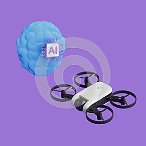 Artificial Intelligence Control Concept. Flying Smart Drone With Ai Brain Symbol. 3d Rendering