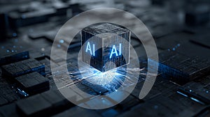 Artificial Intelligence Core: Glowing AI Cube on Digital Circuit Board