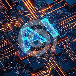 Artificial Intelligence Core: Illuminated AI Text on Circuit Board