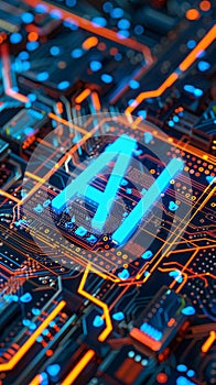 Artificial Intelligence Core: Illuminated AI Text on Circuit Board