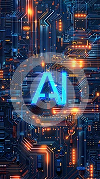 Artificial Intelligence Core: Illuminated AI Text on Circuit Board