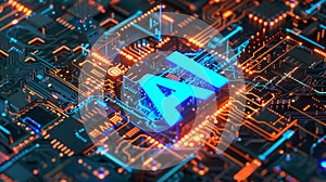 Artificial Intelligence Core: Illuminated AI Text on Circuit Board