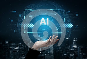 Artificial Intelligence core processor on a futuristic data analysis interface. Fermion