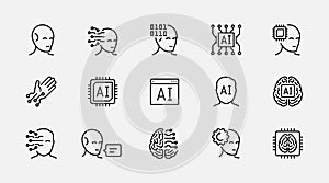 Artificial Intelligence, Cyber Implants, Robotics Vector Icon Set In Thin Line Style