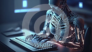 Artificial intelligence, cyborg using computer and typing keyboard, Technology in future, Writing programming codes. Generative AI