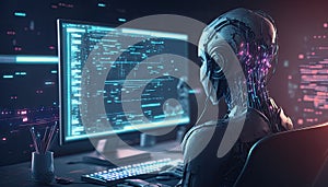 Artificial intelligence, cyborg using computer and typing keyboard, Technology in future, Writing programming codes. Generative AI
