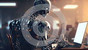 Artificial intelligence, cyborg using computer and typing keyboard, Technology in future, Writing programming codes. Generative AI