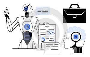 Artificial Intelligence Concept with Robot Analyzing Data, AI Brain, and Business Elements