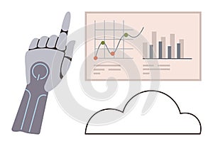Robotic Hand Pointing at Data Analytics Chart and Cloud Computing Concept