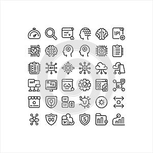 Artificial Intelligence, Data Analytics and Cloud Technology Line Icons Set