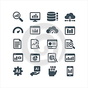 Artificial Intelligence and Data Analytics Solid Icons Set for Business Dashboard