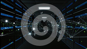 Artificial Intelligence data center with connected server racks and neural network lines representing digital connections, cloud