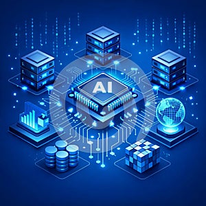 Artificial Intelligence Data Center Network Concept with AI Processor and Cloud Servers