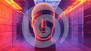 Artificial intelligence data head in futuristic digital environment