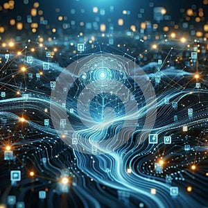 Artificial intelligence data pathways. Blockchain field interactions. Network connection streams