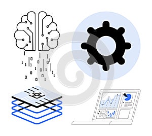 Artificial Intelligence, Data Processing, Automation Gear, and Analytics Dashboard Elements
