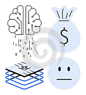 Artificial Intelligence, Data Processing, and Financial Technology Concept with Minimalist Icons