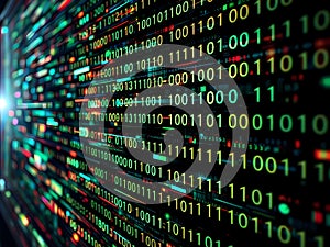 Artificial intelligence data transfer with 1 and 0 green binary code