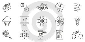 Artificial Intelligence and Digital Innovation Line Icon Set. Machine Learning, Cloud Computing and Data Analytics