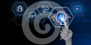 Artificial intelligence digital interface with human hand touch, cloud computing, security and innovation concept