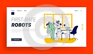 Artificial Intelligence Domination Competition Landing Page Template. Cyborg Kicked Human Character Away from Job