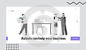 Artificial Intelligence Domination Website Landing Page. Robot Came at Work Place Instead of Person. Man Fired