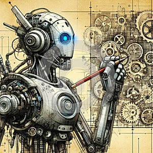 Artificial intelligence drawing era illustration, modern technology, sci Fi, sketch draw gear