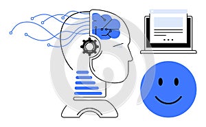 Artificial Intelligence and Machine Learning Concept with Human Brain, Technology, and happy Face Elements