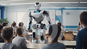 Artificial intelligence education with humanoid robot teacher in class at school