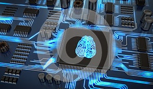 Artificial intelligence electronic circuit. Microchip with glowing brain. 3D rendered illustration