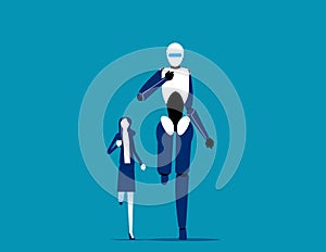 Artificial intelligence  faster and stronger competition. Human Vs Robot. Technology flat vector illustration