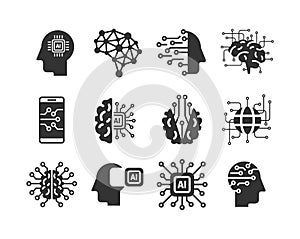 Artificial intelligence flat icons. AI technology: internet, solving, algorithm, vector illustration