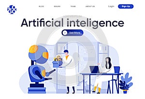 Artificial intelligence flat landing page. Scientists working in modern technical laboratory vector illustration