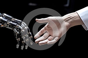 Artificial intelligence. Future technology and communication concept - robot and human hand connecting fingers on a