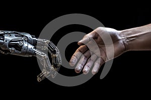 Artificial intelligence. Future technology and communication concept - robot and human hand connecting fingers on a