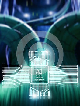 Artificial intelligence Future Technology. Communication Network concept. Blurred modern datacenter background