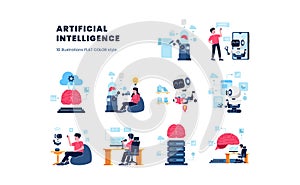 Artificial Intelligence future technology with robot machine learning computation to help human task illustration with flat color