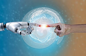 Artificial Intelligence. Futuristic 3d robot arm and human hand touching digital world with wireframe connections, virtual graphic