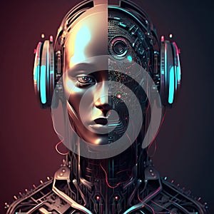 Artificial intelligence futuristic robot with headphones. AI generative