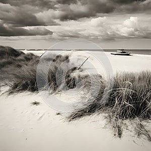 image of a deserted beach with an old boat, broken fence around the dunes and clusters of sea oats.