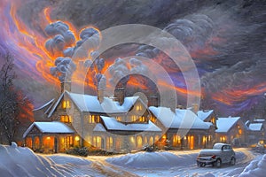 a dreary winter in the countryside where snow covers the home,everywhere and smoke seems to be coming out of the chimneys.