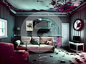 an infrared-modded camera captures interior of the abandoned overgrown and furniture inside the house photo